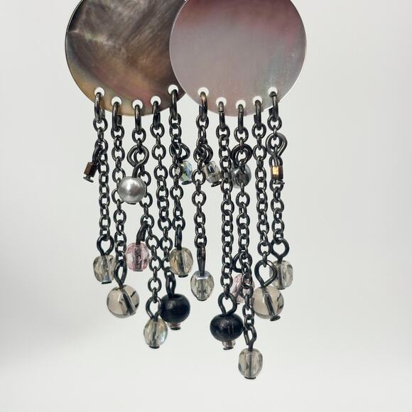 Boho‎ Shell Disc & Beaded Chain Dangle Earrings Gunmetal Tone w/ Leverback Hooks - Picture 3 of 5